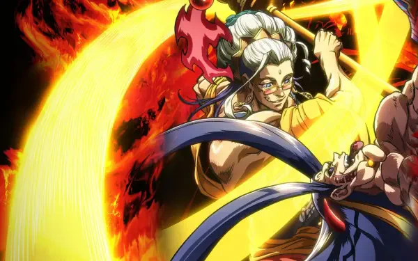 Record of Ragnarok HD PC desktop wallpaper: anime warrior with white hair swinging a fiery blade, yellow-orange energy arc cutting across a blood-red sun backdrop.