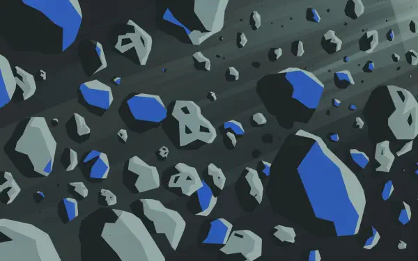 4K Ultra HD PC desktop wallpaper and background depicting a stylized asteroid field of blue-lit faceted rocks drifting through dark space.