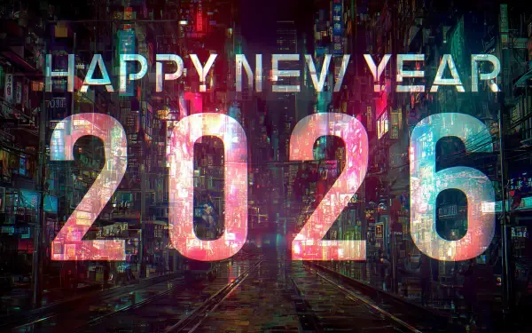 Futuristic neon sign HAPPY NEW YEAR 2026 glowing over a neon-lit cyberpunk street — vibrant 2K Quad HD PC desktop wallpaper and background.
