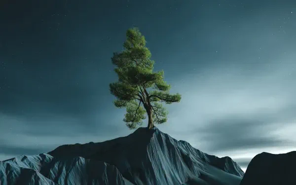 4K Ultra HD PC desktop wallpaper artwork: lone tree atop a rocky peak under a starry sky, dramatic clouds and cool, moody tones.