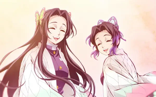 HD PC desktop wallpaper of Kanae Kochou and Shinobu Kochou from Demon Slayer, smiling together against a soft pastel sunset background, flowing hair and butterfly hairpins.