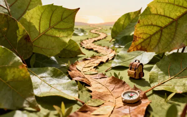 Travel-themed 4K Ultra HD PC desktop wallpaper: tiny backpack and compass on a winding path of leaves through oversized green foliage toward a sunlit horizon.