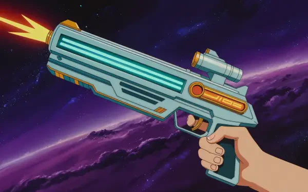 Stylized laser gun firing against a purple nebula backdrop — 4K Ultra HD PC desktop wallpaper/background.