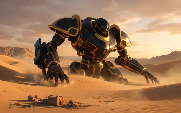 4K Ultra HD PC desktop wallpaper and background: a colossal black-and-gold desert mech crawling through dunes toward a ruined outpost beneath a glowing golden sunset.