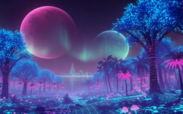 Neon retro-futuristic landscape with glowing palms, mushrooms and a grid foreground, twin moons and distant city skyline under aurora — 4K Ultra HD PC Desktop Wallpaper and Background.