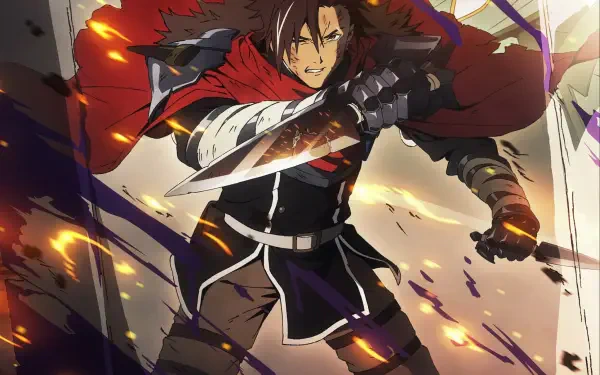 HD PC desktop wallpaper: anime scene of Xylo Forbartz from Sentenced to Be a Hero — armored hero lunging with a blood-streaked sword, red cape billowing amid sparks and debris.