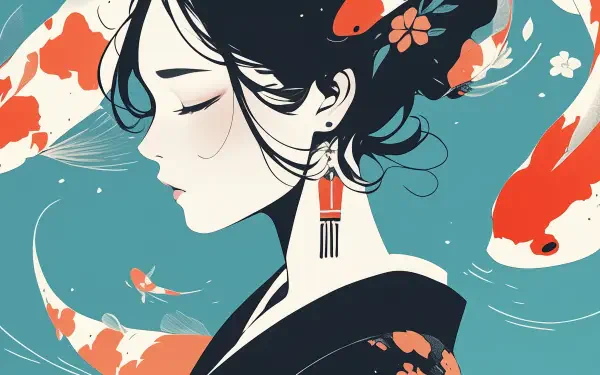 AI Art 2K Quad HD PC desktop wallpaper: anime girl in profile with dark hair and floral pin, red-and-white koi swirling around her on a teal background, elegant earring and kimono.