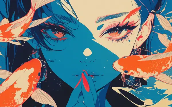 Vibrant AI art anime girl with koi swimming around her face, red-orange accents and teal palette — 2K Quad HD PC desktop wallpaper/background.