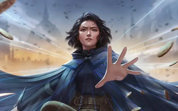 HD PC desktop wallpaper of a Mistborn video game character in a blue cloak reaching out as metal shards orbit over a misty city skyline background.