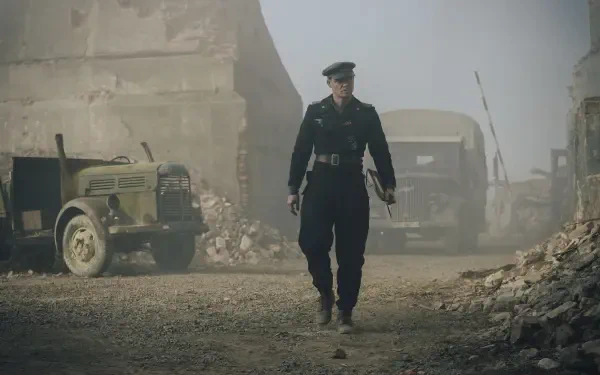 Der Tiger movie scene: a uniformed officer walks down a rubble-strewn street flanked by military trucks. 4K Ultra HD PC desktop wallpaper/background.