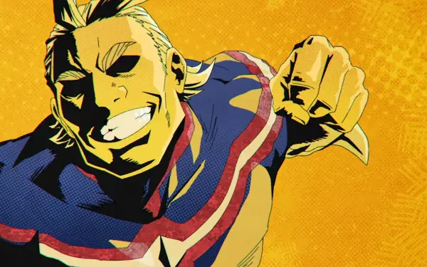 HD PC desktop wallpaper of All Might from My Hero Academia and My Hero Academia: Vigilantes — leaping forward with a grin and clenched fist against a vibrant yellow pop-art background.