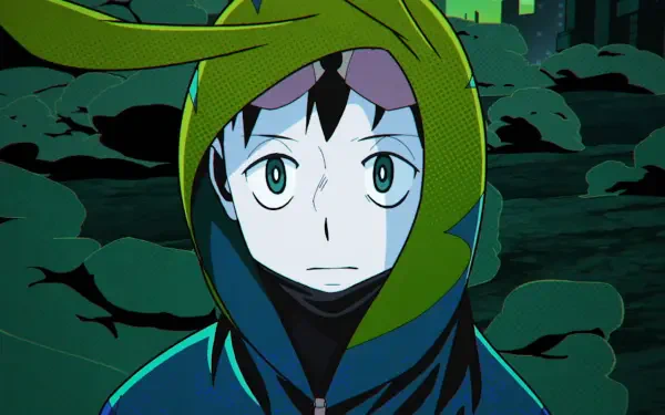 HD PC desktop wallpaper depicting Kouichi Haimawari from My Hero Academia and My Hero Academia: Vigilantes — anime close-up in a green hood against a ruined city backdrop.