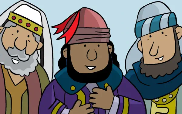 Cartoon depiction of the three Biblical Magi in colorful robes and headwear, HD PC desktop wallpaper background.