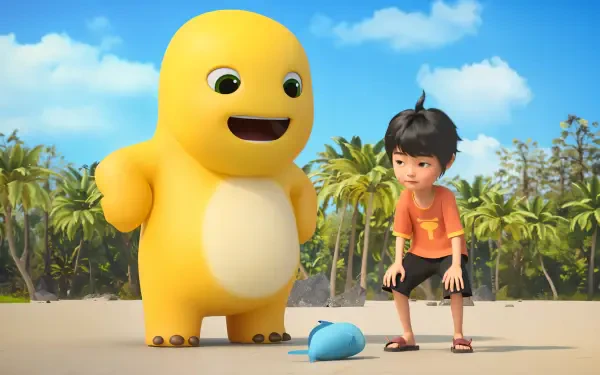 Cartoon Nailoong 4K Ultra HD PC desktop wallpaper/background: cheerful yellow character and a boy on a sunny tropical beach, crouched to inspect a small blue object on the sand.