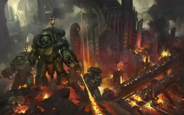 HD PC desktop wallpaper: Warhammer 40k video game scene — Salamanders Space Marines in green power armor advancing through a burning, ruined city wielding flamers and heavy bolters.