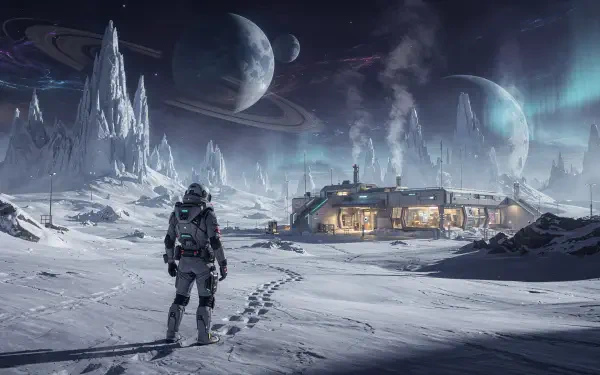 Sci Fi winter 4K Ultra HD PC desktop wallpaper: lone suited explorer crosses a snowy alien plain toward a lit outpost, jagged ice spires rising and ringed planets looming overhead.