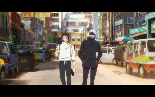 Anime HD PC desktop wallpaper/background of Jujutsu Kaisen: Yuta Okkotsu and Satoru Gojo walking side-by-side down a sunlit, bustling city street in casual clothes.