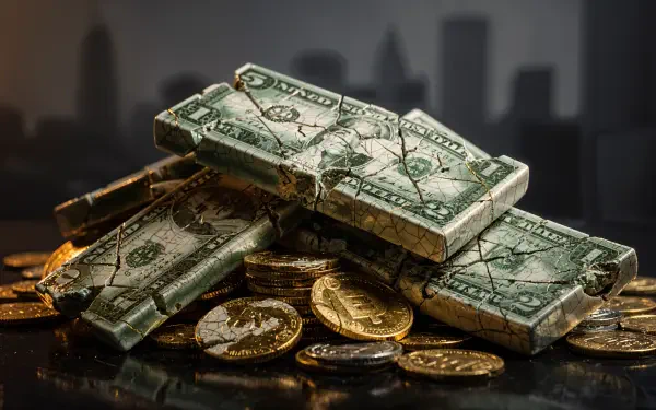 4K Ultra HD PC desktop wallpaper and background: cracked dollar bars stacked over scattered gold coins, glossy reflections and a blurred city skyline in the background.