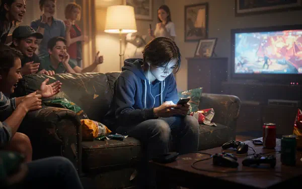 4K Ultra HD PC desktop wallpaper: a young person glued to a smartphone in a crowded living room, highlighting phone addiction amid friends, snacks and gaming distractions.