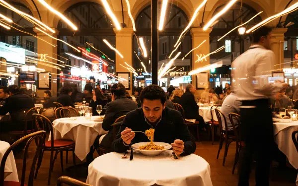 Alone man eating pasta at a crowded restaurant with streaking lights overhead — 4K Ultra HD PC desktop wallpaper and background.