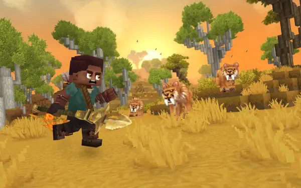 Hytale video game 2K Quad HD PC desktop wallpaper: blocky adventurer dashes through a golden savanna at sunset while tiger-like creatures give chase.