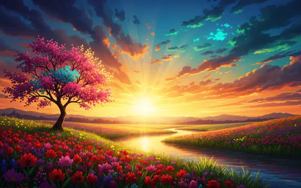4K Ultra HD PC desktop wallpaper and background: vibrant sunrise with golden sunshine over a winding river, fields of colorful wildflowers and a lone pink blossom tree.