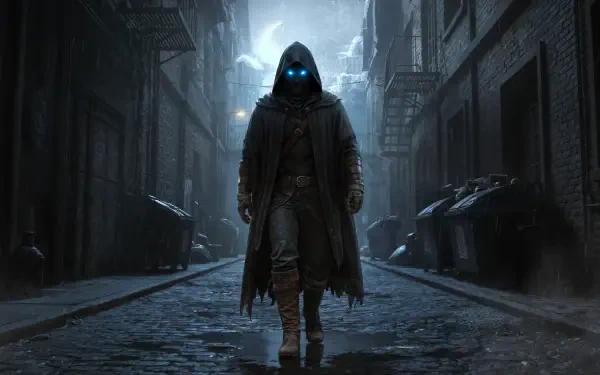 4K Ultra HD PC desktop wallpaper — hooded figure with glowing blue eyes strides through a foggy, rain-slick alley between towering buildings.