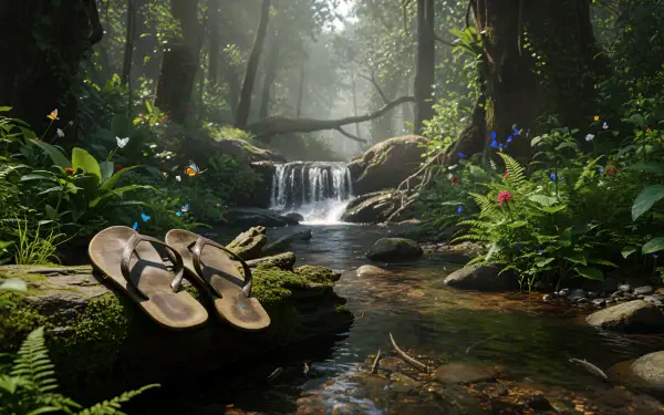 Flip flops on a mossy rock by a clear stream and small waterfall in a sunlit, lush forest — 4K Ultra HD PC desktop wallpaper/background.