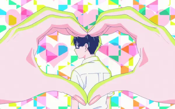 Anime HD PC desktop wallpaper: Yusuke Tani from You and I are Polar Opposites framed by pink hands forming a heart against a colorful geometric background.