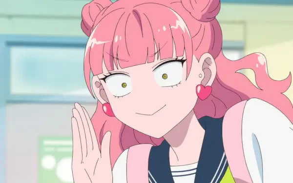 Anime HD PC desktop wallpaper of Miyu Suzuki from You and I are Polar Opposites: pink-haired schoolgirl with twin buns and heart earrings waving with a wide, nervous smile.