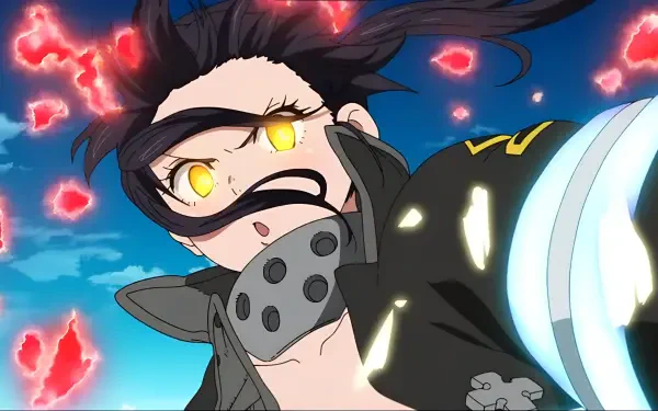 Anime Fire Force Tamaki Kotatsu in a dynamic pose, glowing yellow eyes and ember sparks against a vivid sky — 2K Quad HD PC desktop wallpaper and background.