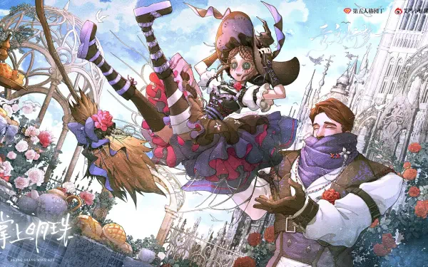HD PC desktop wallpaper background from the video game Identity V: whimsical female ragdoll leaping amid flowers as a masked man reaches out in a snowy Gothic cityscape.