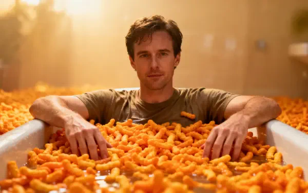 Man reclining in a bathtub overflowing with Cheetos, bright orange junk food filling the tub; vibrant 4K Ultra HD PC desktop wallpaper and background.