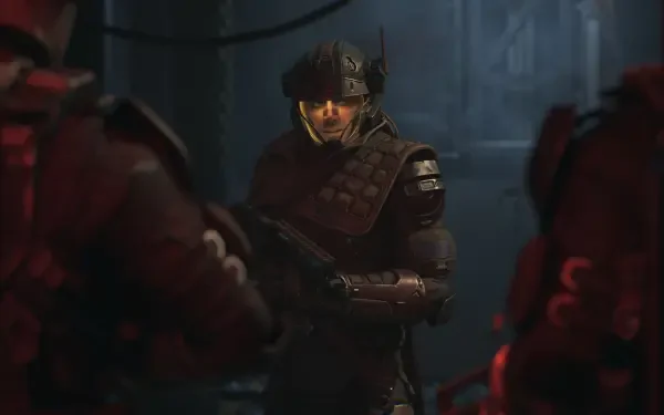 HD PC desktop wallpaper/background from the video game The Expanse: Osiris Reborn, depicting a helmeted armored soldier and crewmates in a dim industrial corridor.