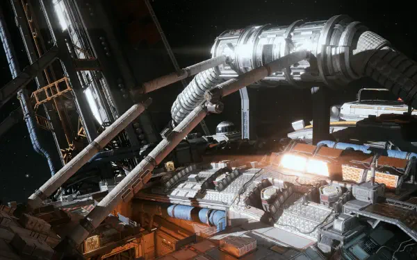 HD PC desktop wallpaper showing an industrial orbital station from the video game The Expanse: Osiris Reborn — docking arms, pipework and illuminated hull set against deep space.
