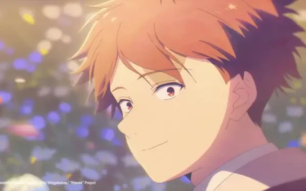 HD anime desktop wallpaper: close-up portrait of Stark from Frieren: Beyond Journey's End, warm smile with soft bokeh lights in the background.