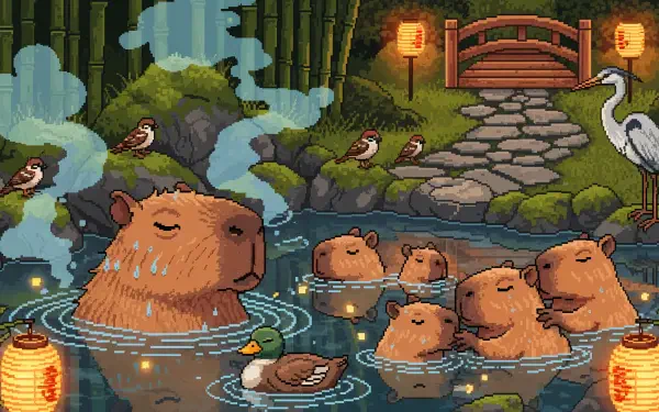 Pixel-art capybaras soaking in a steaming pond amid bamboo, lanterns, a stone bridge, birds and a heron; 4K Ultra HD PC desktop wallpaper and background.