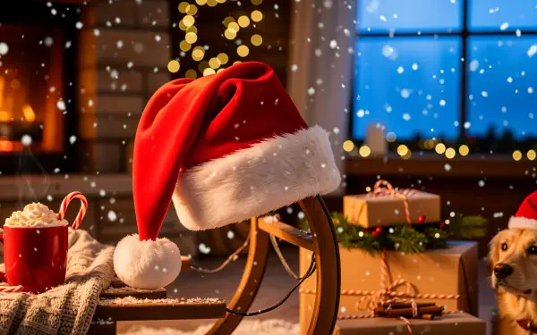 Cozy Christmas scene with a red Santa hat draped over a wooden sled, gifts, twinkling lights, snow outside and a dog by a fireplace — 4K Ultra HD PC desktop wallpaper and background.
