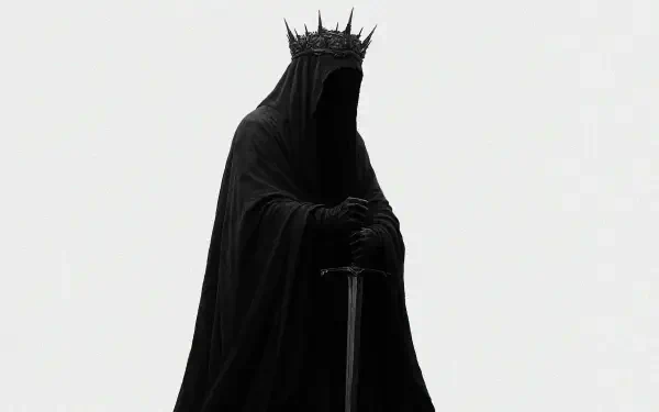 Hooded dark king in a spiked crown, face hidden, hands on a long sword against a stark white background — Nazgûl-inspired 4K Ultra HD PC desktop wallpaper.