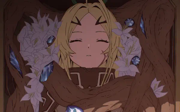 Anime wallpaper: Teoritta from Sentenced to Be a Hero asleep among white lilies and crystalline fragments, entwined by wooden roots — 4K Ultra HD PC desktop background.