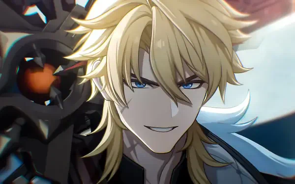 Varka from Genshin Impact, close-up smirking blonde-haired warrior with piercing blue eyes and dark mechanical backdrop — 4K Ultra HD PC desktop wallpaper