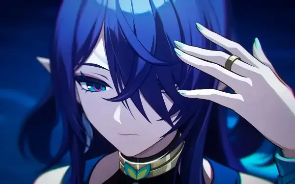 Lauma from Genshin Impact with flowing blue hair, hand raised near her face and a calm expression against a deep blue backdrop — HD PC desktop wallpaper