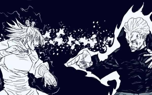 HD PC desktop wallpaper/background: manga-style Jujutsu Kaisen 3rd Season illustration of Hajime Kashimo and Kinji Hakari clashing in monochrome.