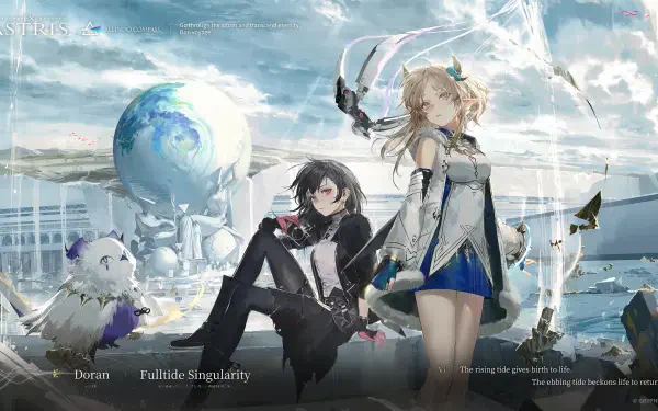 Ex Astris official HD PC desktop wallpaper: two anime characters—a blonde woman in white-blue and a black‑haired man—pose by a floating Earth, glass domes and a small white creature.