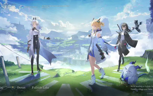 Ex Astris official HD PC desktop wallpaper/background: three stylized characters on grassy cliffs beside a luminous lake, with floating islands and a bright, cloud-speckled sky.