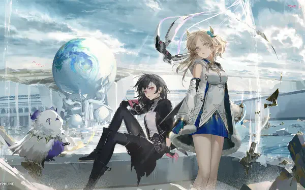 Ex Astris official HD PC desktop wallpaper & background: two anime-style characters and a small companion on a futuristic terrace overlooking a holographic globe beneath wide, sweeping skies.