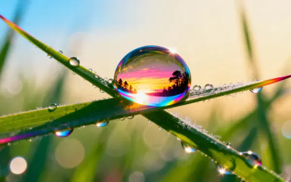 Dew drop on a grass blade reflecting a rainbow-hued sunrise and tiny silhouettes, soft green bokeh in background — 4K Ultra HD PC desktop wallpaper and background.