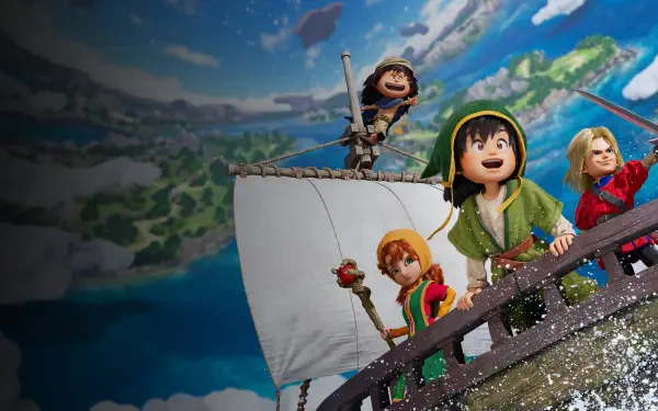 DRAGON QUEST VII Reimagined 4K Ultra HD PC desktop wallpaper: four cheerful adventurers on a sailing ship, waves and islands below, bright sky and drifting clouds.