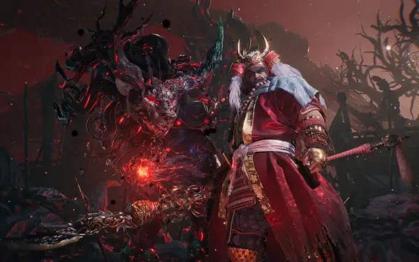 HD PC desktop wallpaper from the video game Nioh 3: a blood-streaked samurai in red armor faces a hulking shadow demon amid a fiery, twisted battlefield.