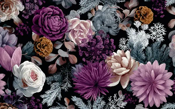 4K Ultra HD PC desktop wallpaper and background: winter floral arrangement of roses, chrysanthemums and pine sprigs in muted purples, pinks and whites on a dark backdrop.